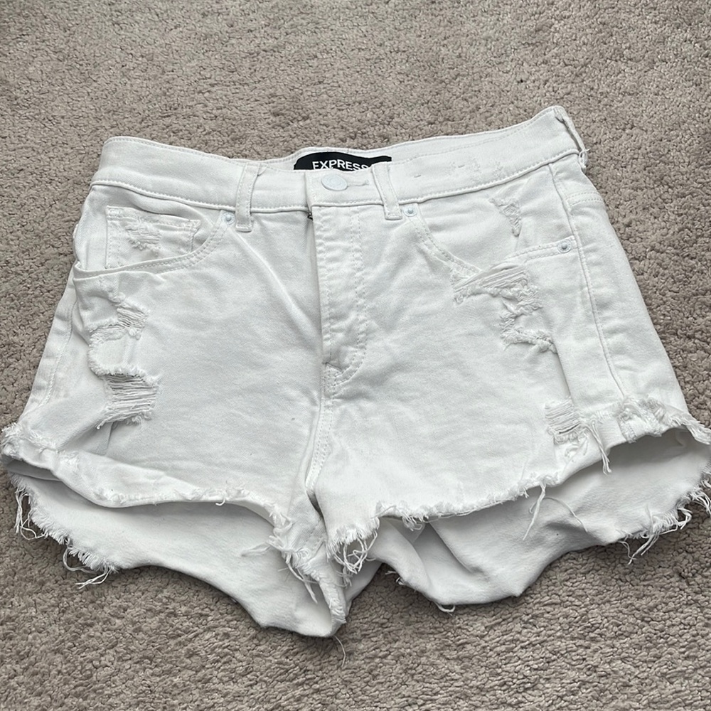 Express High Rise White Distressed Jean Shorts